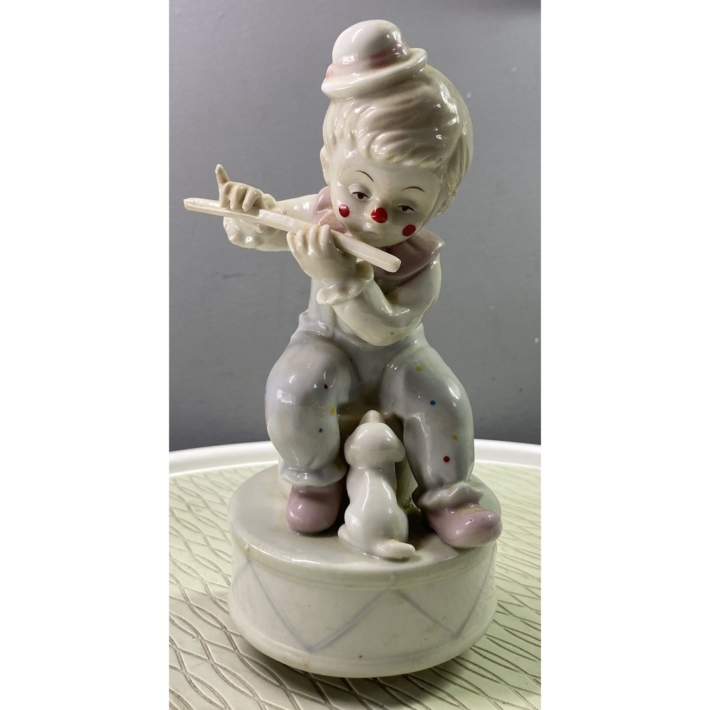 RARE VINTAGE PAUL SEBASTIAN MUSIC BOX PORCELAIN CLOWN‎ PLAYING FLUTE W/DOG